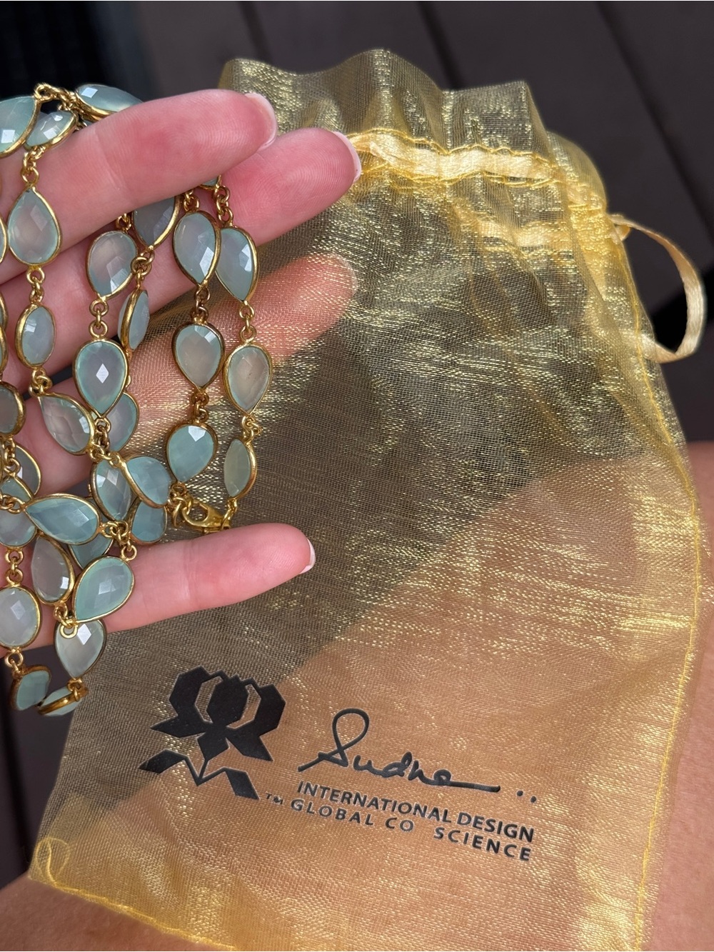 Gold in color Teardrop Chalcedony Bracelet - Pale Aqua - Picture 3 of 9